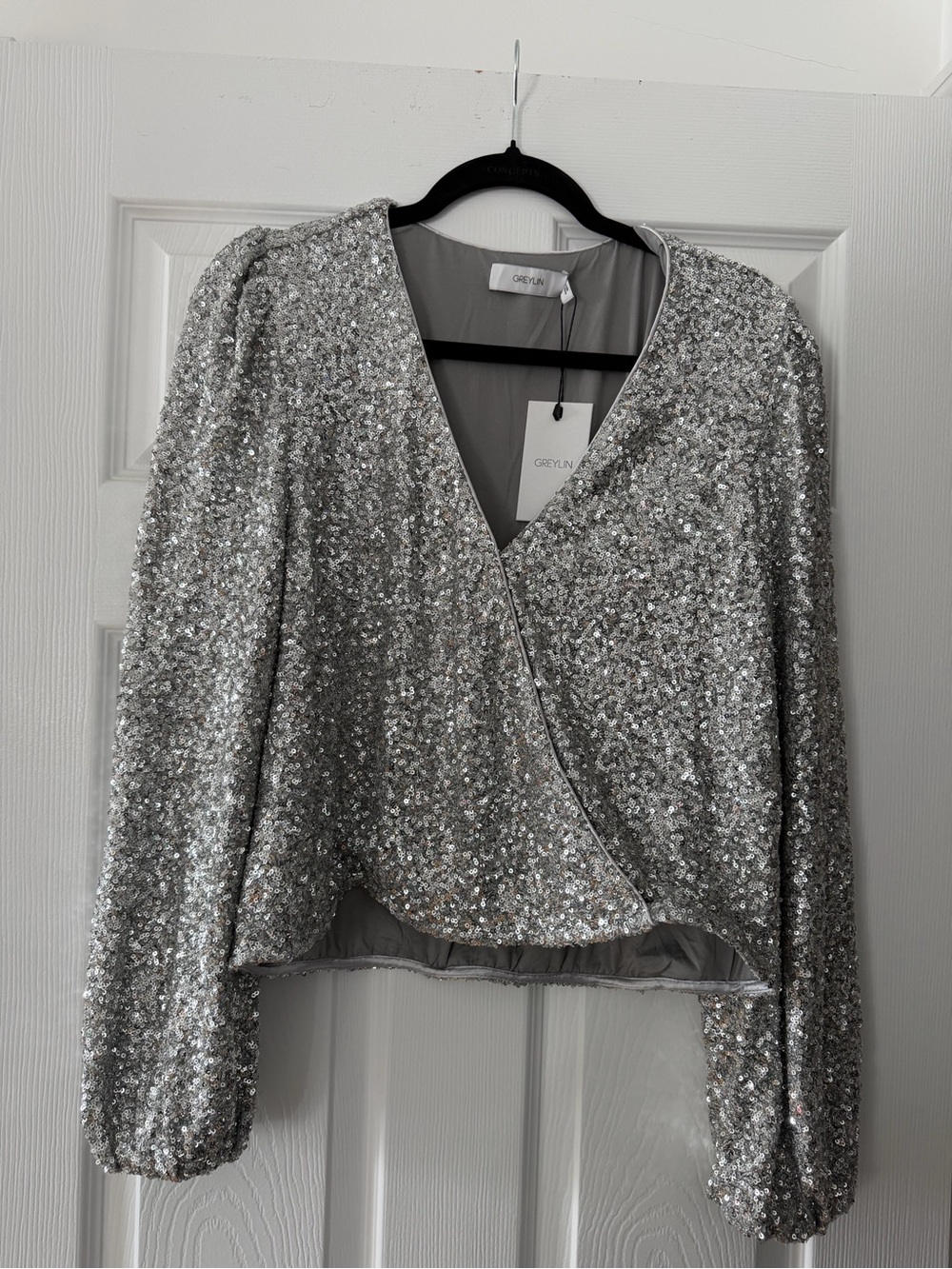 Greylin Silver Sequin Wrap Blouse